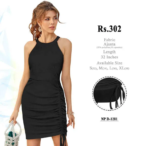 Black_Polyester_Spandex_Bodycon_Ruched_Dress_for_Women