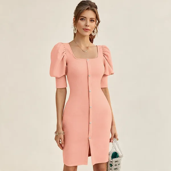 Peach_Polyester_Puff_Sleeve_Bodycon_Dress_For_Women