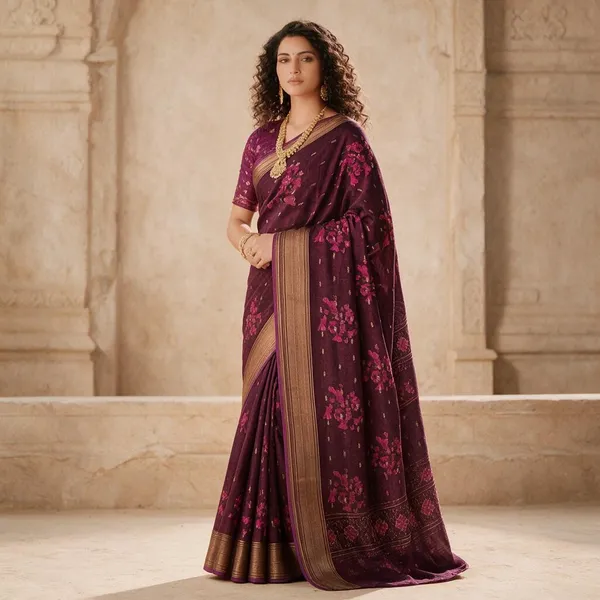 Purple_Semi_Silk_Floral_Print_Saree_For_Women