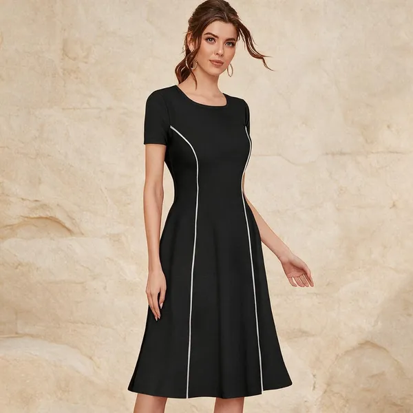 Black_Polyester_Short_Sleeve_Fit_And_Flare_Dress_For_Women