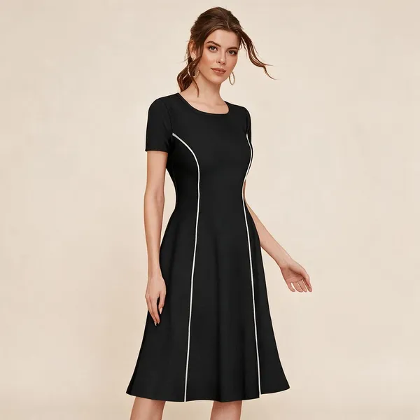 Black_Polyester_Short_Sleeve_Fit_And_Flare_Dress_For_Women