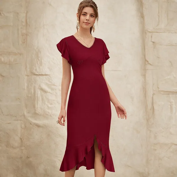 Maroon_Polyester_Flutter_Sleeve_Flared_Midi_Dress_For_Women