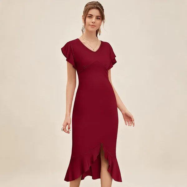 Maroon_Polyester_Flutter_Sleeve_Flared_Midi_Dress_For_Women