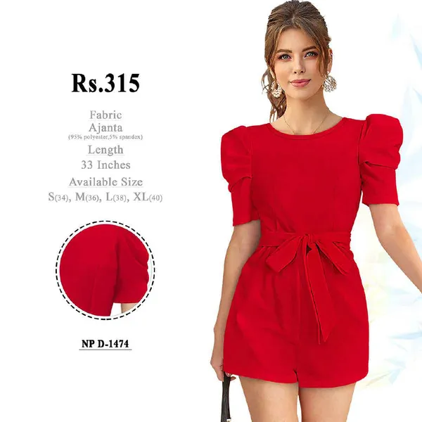 Red_Polyester_Spandex_Puff_Sleeve_Romper_for_Women