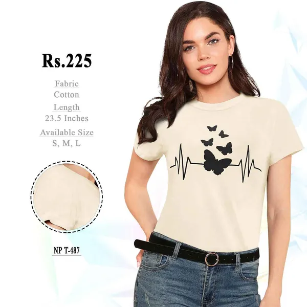 Cream_Cotton_Regular_Fit_T-Shirt_For_Women