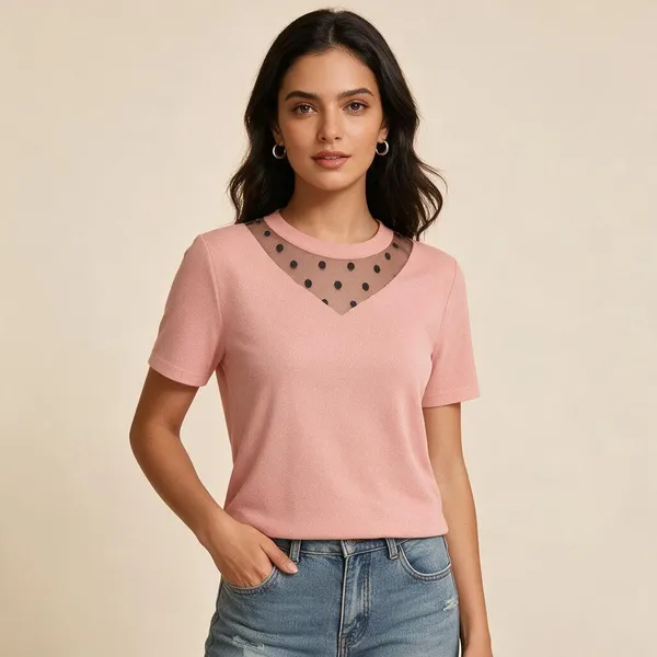 Pink_Knitted_Short_Sleeve_Mesh_Yoke_Top_For_Women_-_Pack_of_2