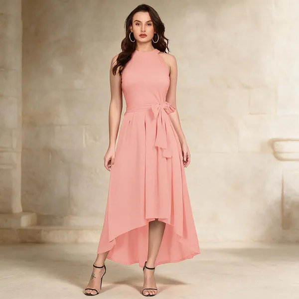 Pink_Knit_Sleeveless_Halter_High_Low_Dress_For_Women