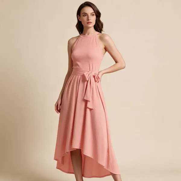 Pink_Knit_Sleeveless_Halter_High_Low_Dress_For_Women