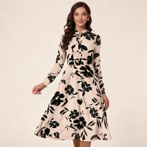 Beige_Polyester_Floral_A-Line_Dress_For_Women