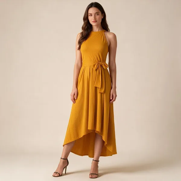 Mustard_Knit_Sleeveless_High_Neck_Fit_And_Flare_Dress_For_Women