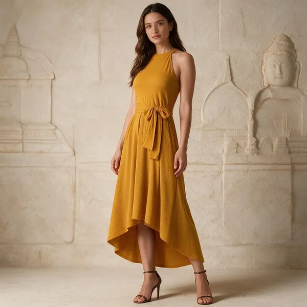 Mustard_Knit_Sleeveless_High_Neck_Fit_And_Flare_Dress_For_Women