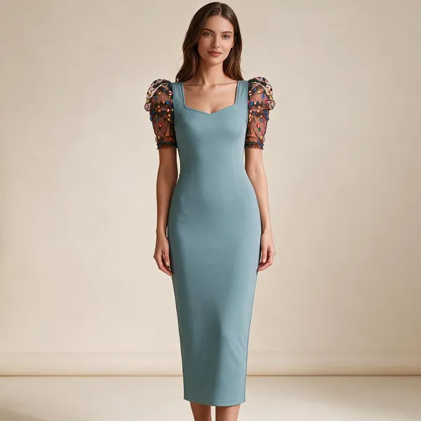 Blue_Polyester_Puff_Sleeve_Bodycon_Dress_For_Women