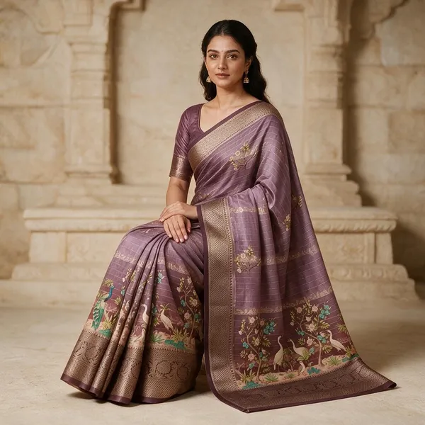 Purple_Semi_Silk_Floral_Print_Saree_For_Women