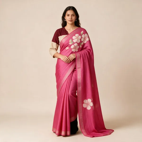 Pink_Semi_Silk_Floral_Print_Saree_For_Women