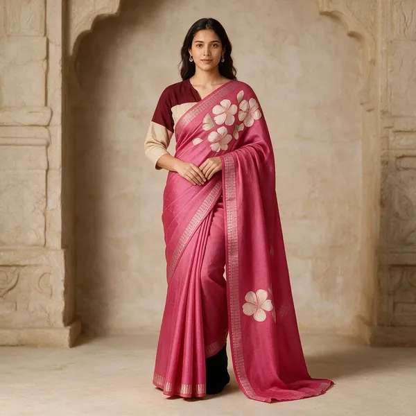 Pink_Semi_Silk_Floral_Print_Saree_For_Women