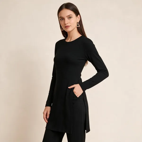 Black_Knitted_Regular_Fit_Longline_Tunic_Top_For_Women