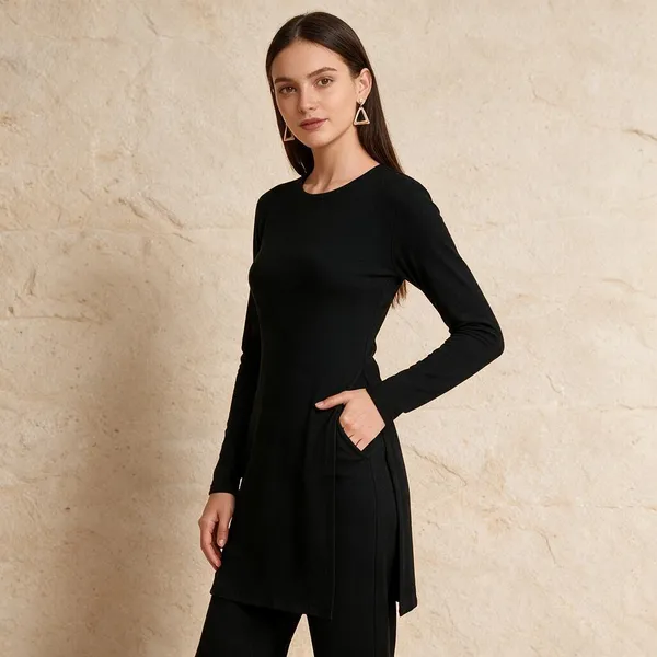 Black_Knitted_Regular_Fit_Longline_Tunic_Top_For_Women