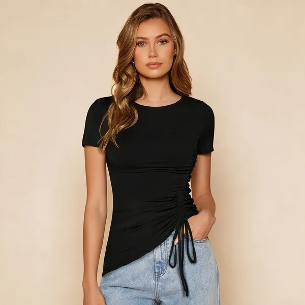 Black_Knitted_Short_Sleeve_Ruched_Side_Crop_Top_For_Women_-_Pack_of_2