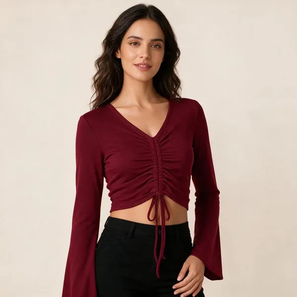 Maroon_Knitted_V-Neck_Ruched_Tie-Up_Crop_Top_For_Women_-_Pack_of_2