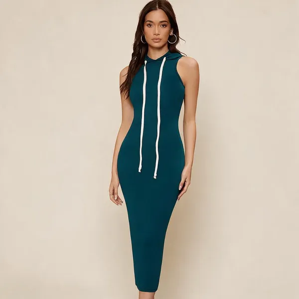 Teal_Polyester_Sleeveless_Bodycon_Hooded_Midi_Dress_For_Women