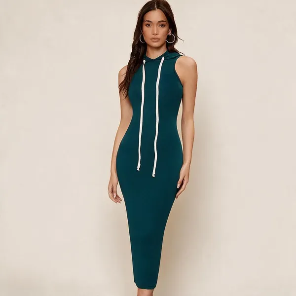 Teal_Polyester_Sleeveless_Bodycon_Hooded_Midi_Dress_For_Women