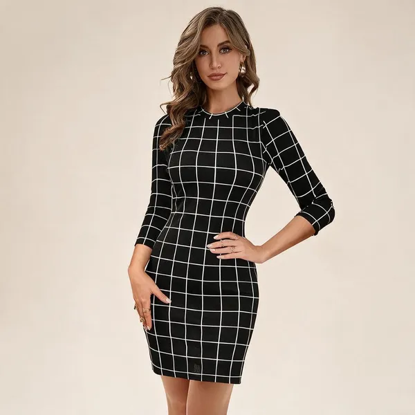 Black_White_Polyester_Check_Bodycon_Dress_For_Women