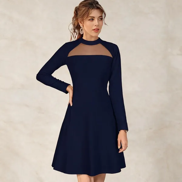 Navy_Knit_Mesh_Yoke_Fit_And_Flare_Dress_For_Women