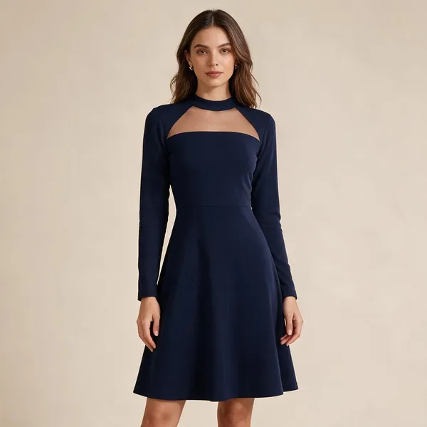 Navy_Knit_Mesh_Yoke_Fit_And_Flare_Dress_For_Women