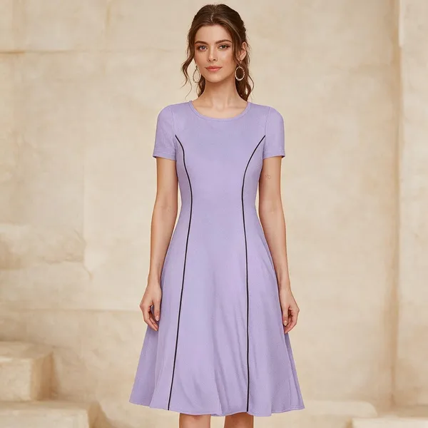 Lavender_Polyester_Short_Sleeve_Fit_And_Flare_Dress_For_Women