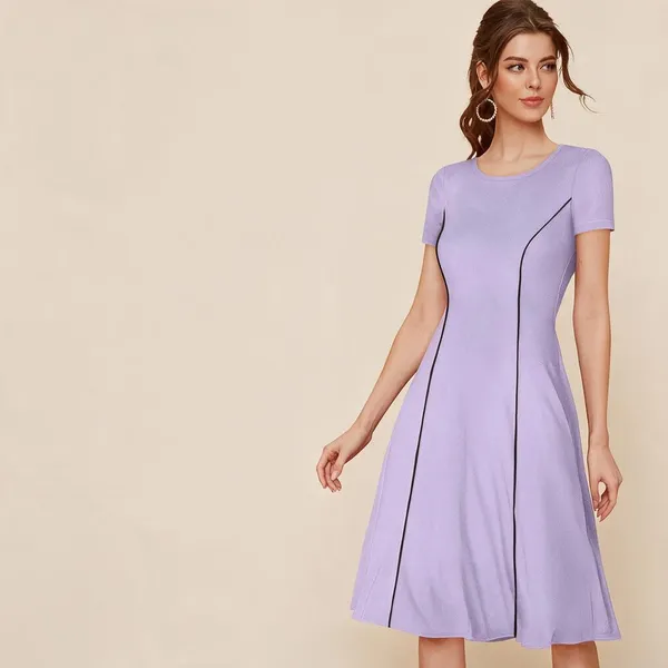 Lavender_Polyester_Short_Sleeve_Fit_And_Flare_Dress_For_Women
