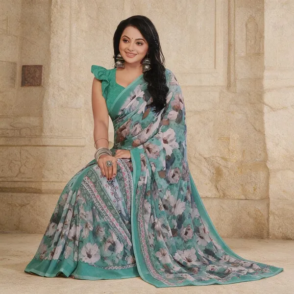Green_Semi_Silk_Floral_Print_Saree_For_Women