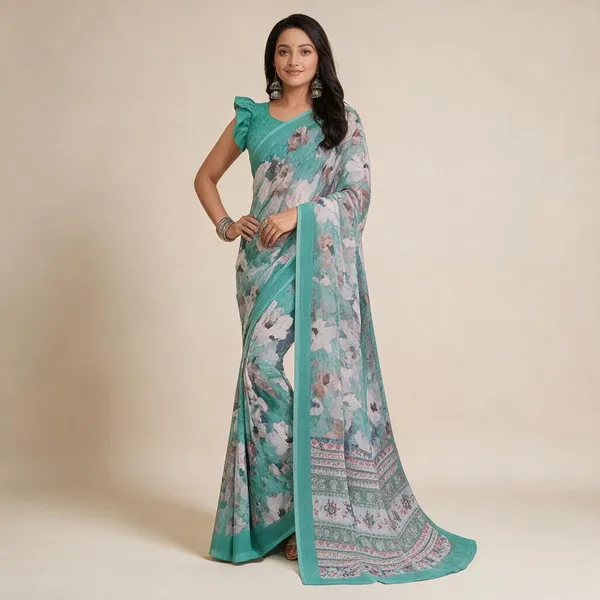 Green_Semi_Silk_Floral_Print_Saree_For_Women