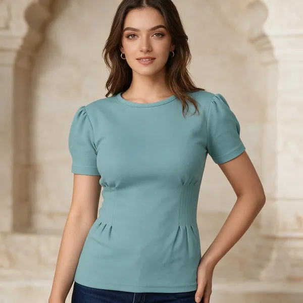 Teal_Knitted_Short_Sleeve_Fitted_T-Shirt_For_Women_-_Pack_of_2