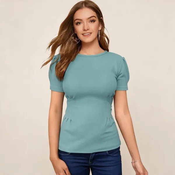 Teal_Knitted_Short_Sleeve_Fitted_T-Shirt_For_Women_-_Pack_of_2
