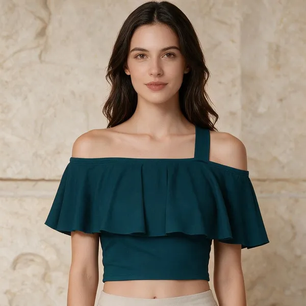 Teal_Knitted_Cold_Shoulder_Ruffle_Crop_Top_For_Women_-_Pack_of_2