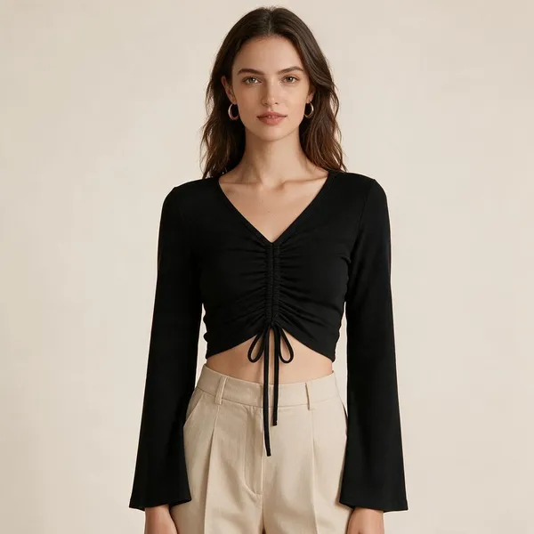 Black_Knitted_Ruched_V-Neck_Flared_Sleeve_Crop_Top_For_Women_-_Pack_of_2