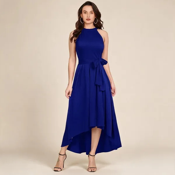 Blue_Knit_Sleeveless_High_Low_A-Line_Dress_For_Women