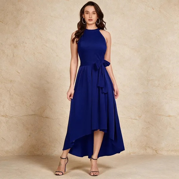 Blue_Knit_Sleeveless_High_Low_A-Line_Dress_For_Women