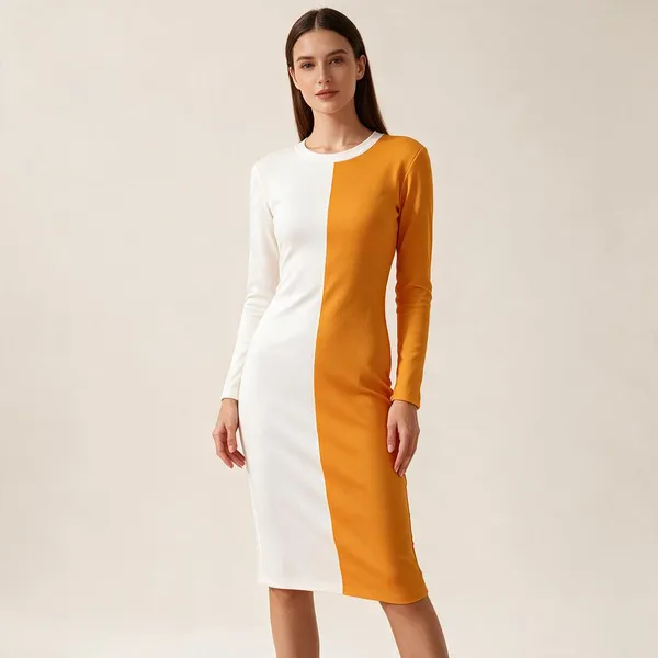 Orange_White_Polyester_Colour_Block_Bodycon_Dress_For_Women