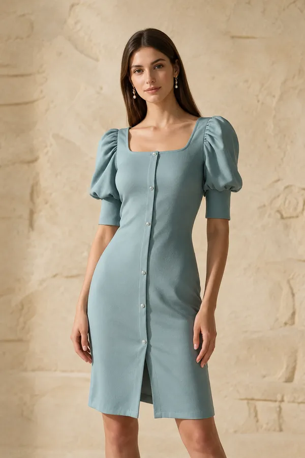 Light_Blue_Polyester_Puff_Sleeve_Romper_For_Women