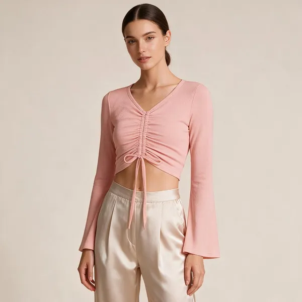 Pink_Knitted_V-Neck_Ruched_Drawstring_Crop_Top_For_Women_-_Pack_of_2