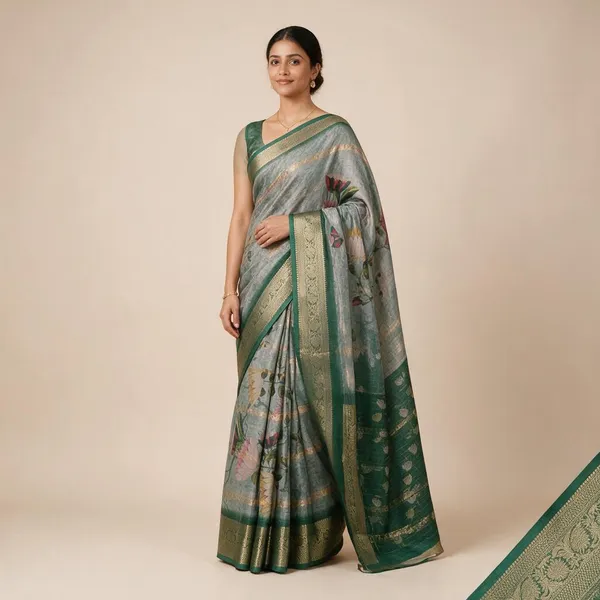 Green_Semi_Silk_Floral_Print_Saree_For_Women