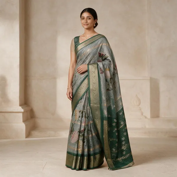 Green_Semi_Silk_Floral_Print_Saree_For_Women