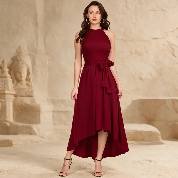 Burgundy_Knit_Sleeveless_Tie_Waist_High_Low_Dress_For_Women