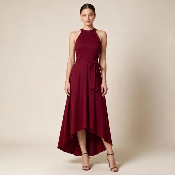 Burgundy_Knit_Sleeveless_Tie_Waist_High_Low_Dress_For_Women