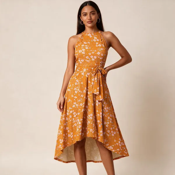 Orange_Knit_Floral_Sleeveless_High_Low_Dress_For_Women
