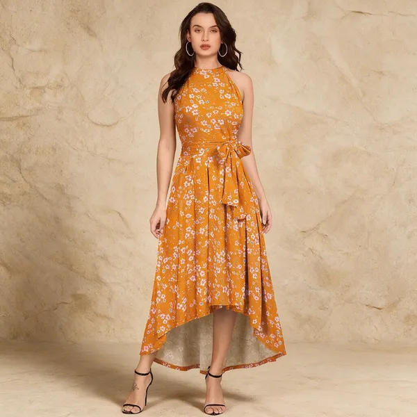 Orange_Knit_Floral_Sleeveless_High_Low_Dress_For_Women