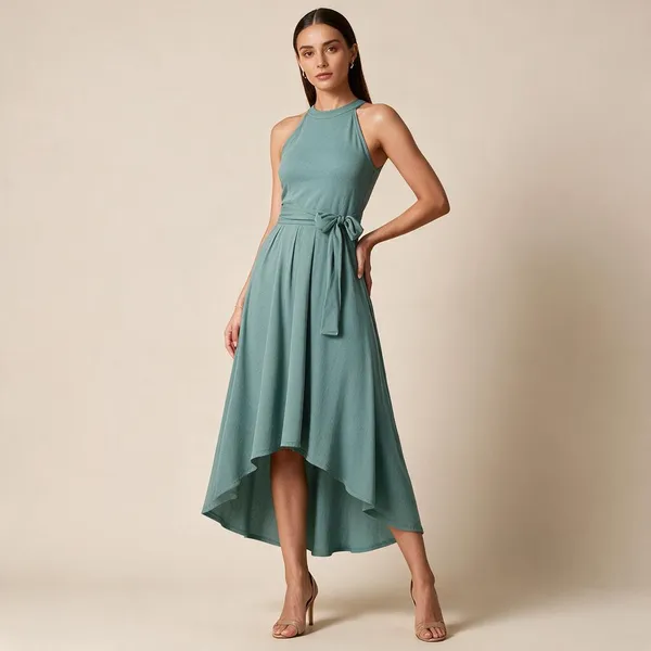 Teal_Knit_Sleeveless_High_Low_A-Line_Dress_For_Women