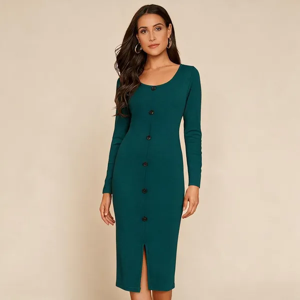 Teal_Polyester_Full_Sleeve_Bodycon_Midi_Dress_For_Women