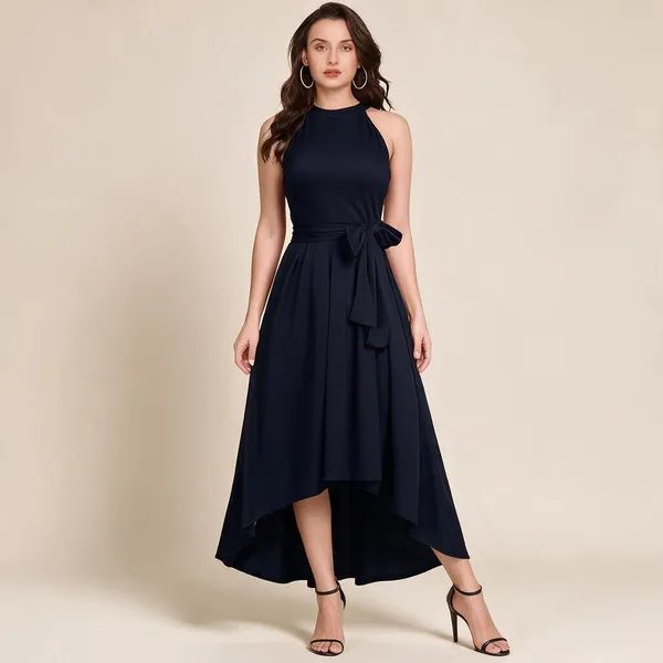 Blue_Knit_Sleeveless_High_Neck_A-Line_Dress_For_Women
